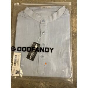 COOFANDY Men's Cotton Linen Henley Shirt Short Sleeve 2xl Band Collar Light Blue
